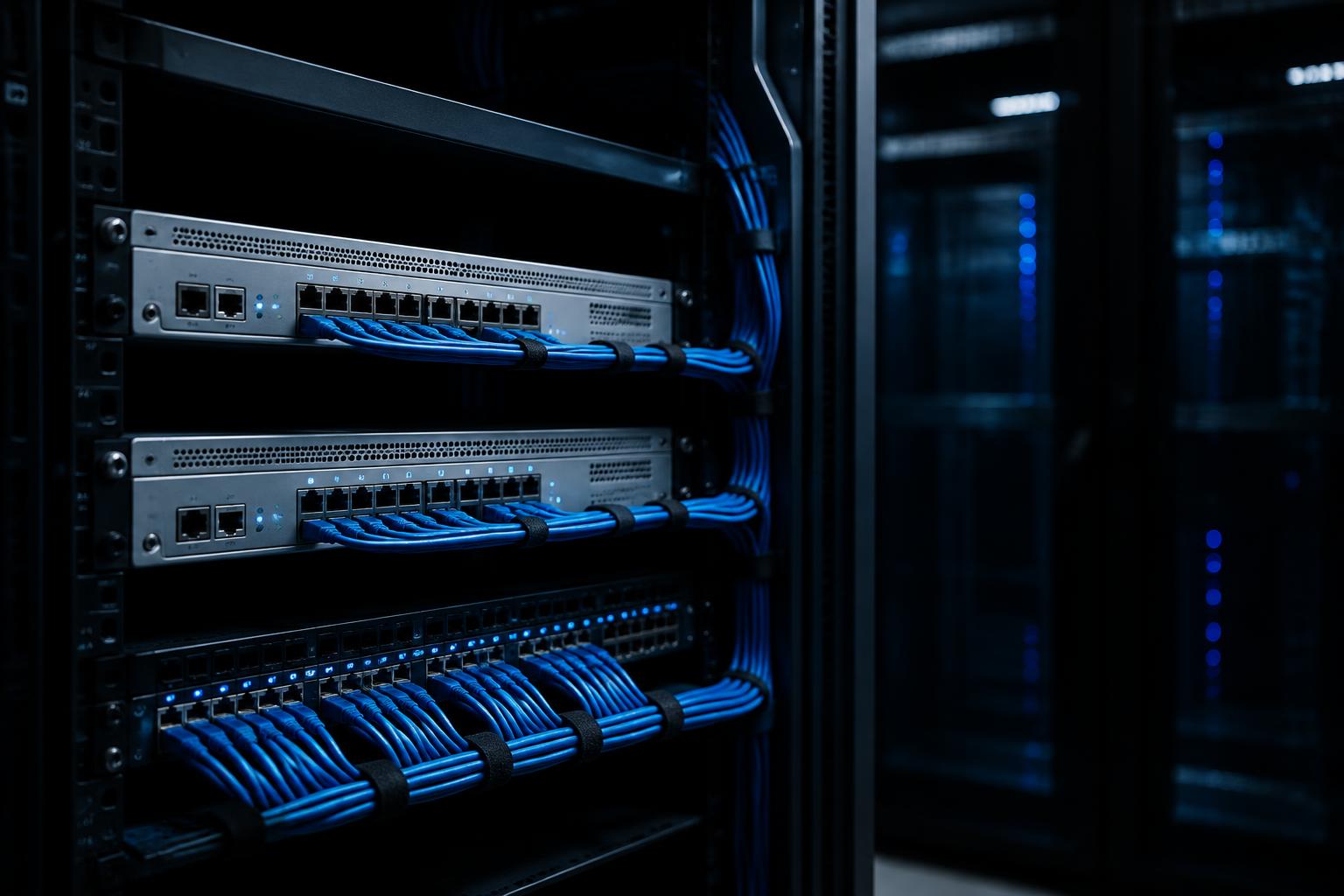Rack corporativo com equipamentos e cabeamento de rede